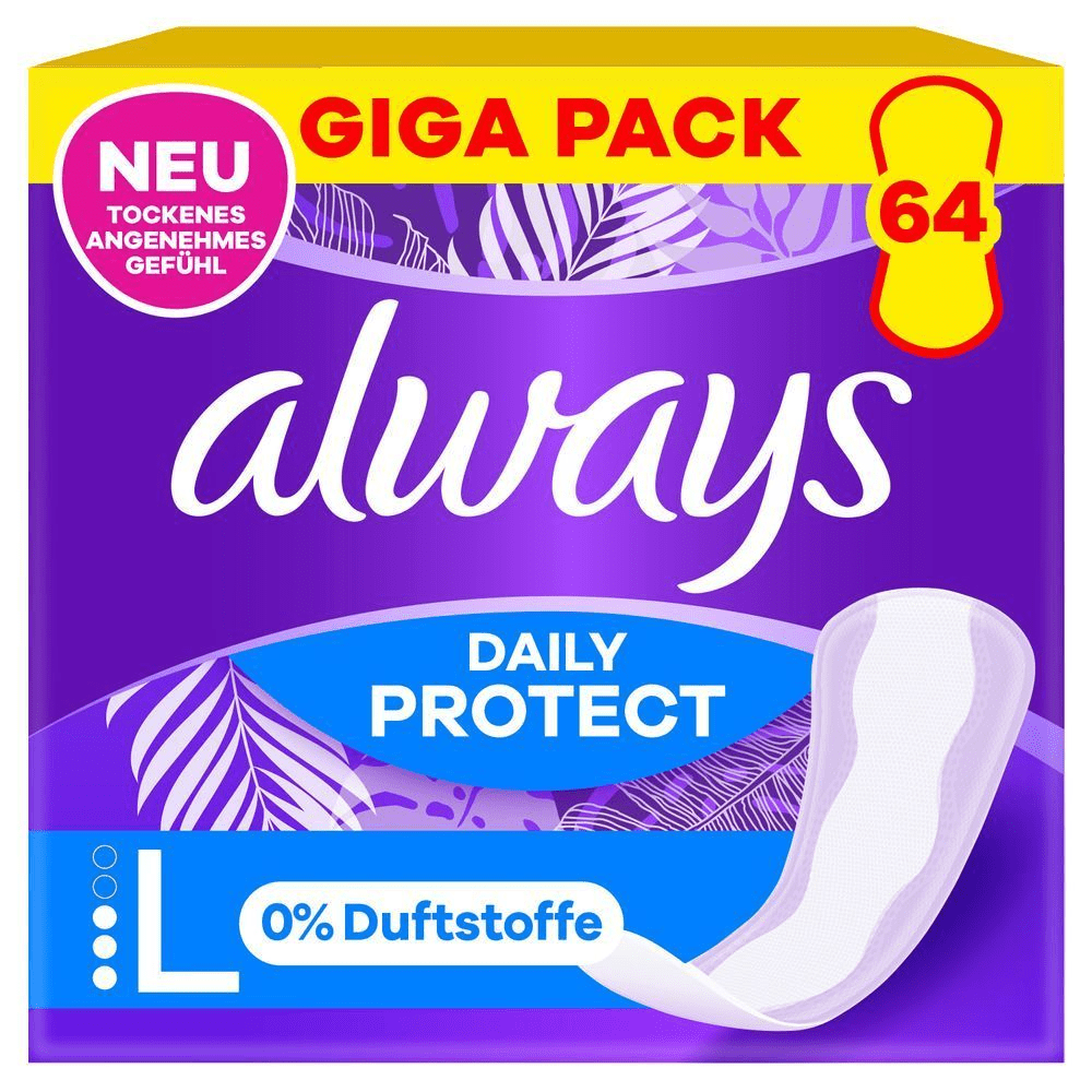 Always Daily Protect Slipeinlagen Giga Pack, 64 Stück, mit dem Hinweis 0% Duftstoffe, Neu: Trockenes, angenehmes Gefühl.