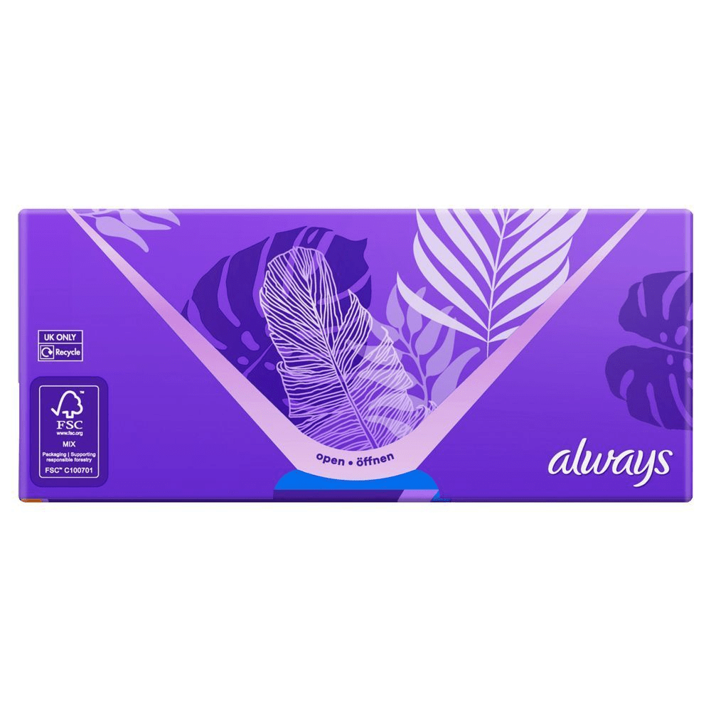 Always Daily Slipeinlagen Verpackung mit tropischem Design und dem Hinweis öffnen auf Deutsch und Englisch. [HR] Always pakiranje proizvoda s uputama za otvaranje open • öffnen i logom FSC Mix. [CS] Balení Always hygienických vložek s fialovým designem s tropickými listy a nápisem open - öffnen. [HU] Always termékek lila csomagolása, melyen a nyitott felirat és trópusi levélminták láthatók.
