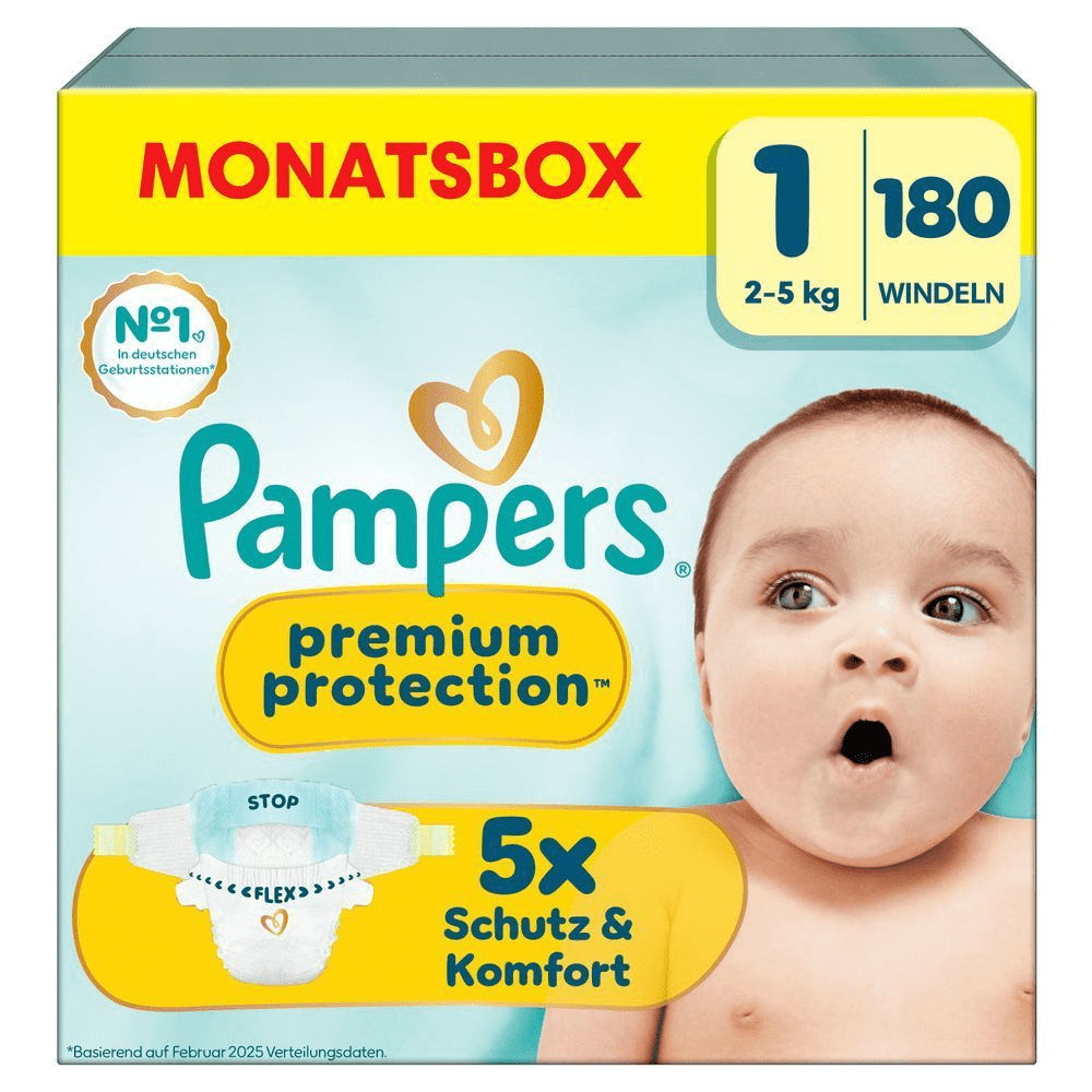 Pampers Premium Protection Monatspackung, Größe 1, 180 Windeln, mit dem Hinweis auf 5x Schutz und Komfort.