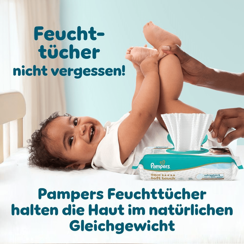 Pampers Aqua Pure Feuchttücher mit weicher Textur und Lotion mit 99% Wasser, zur Reinigung und zur Erhaltung des natürlichen Gleichgewichts der Haut.