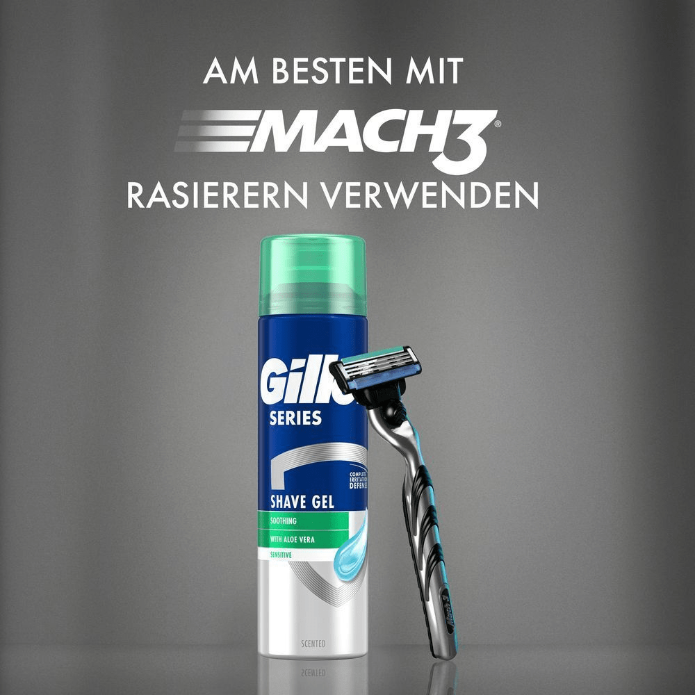 Gillette Series Rasiergel mit grauem Hintergund neben einem Mach3 Rasierer, um die ideale Kombination für eine sanfte Rasur zu demonstrieren.