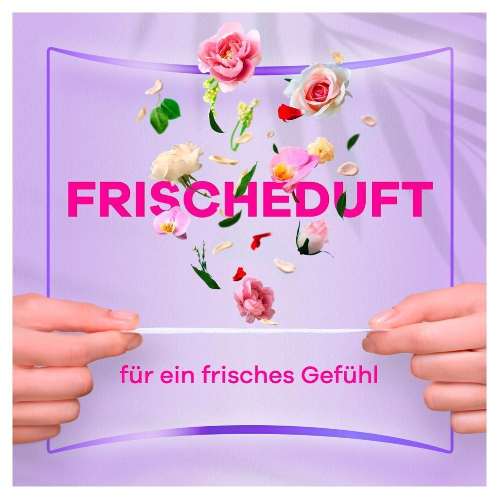 Always Slipeinlage, die zwischen den Fingern gehalten wird, mit dem Versprechen von "Frischeduft für ein frisches Gefühl", umgeben von Blumen.