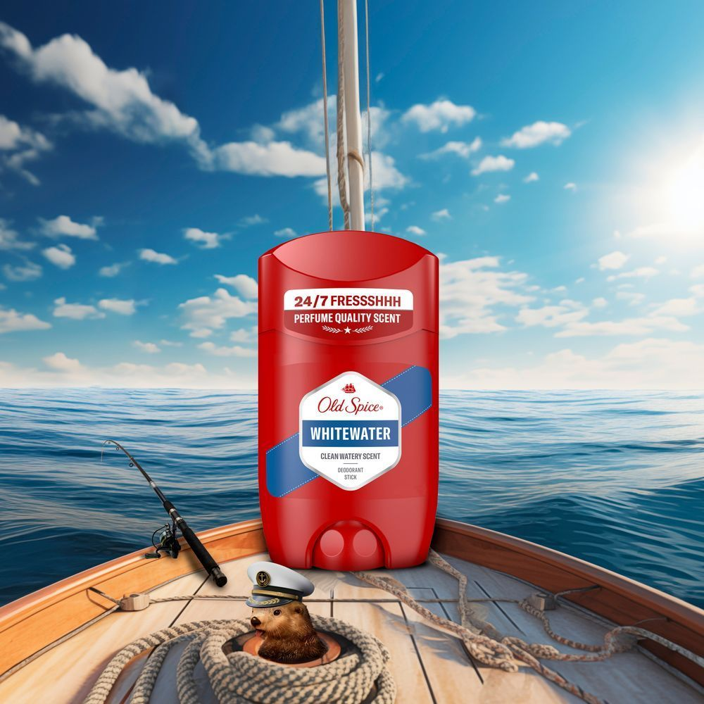 Old Spice Whitewater Deodorant Stick auf einem Segelboot, das den frischen, aquatischen Duft fÃ¼r Abenteuer auf dem Meer suggeriert. [EN] Old Spice Whitewater deodorant stick, prominently featuring its 24-7 perfume quality scent. [ES] Old Spice Whitewater ofrece un aroma limpio y acuÃ¡tico, ideal para una aventura en alta mar, producto ubicado en un barco con el oceano de fondo. [PT] Old Spice Whitewater desodorizante em barra, promovendo uma sensaÃ§Ã£o de frescor aquÃ¡tico e duradoura em alto mar.