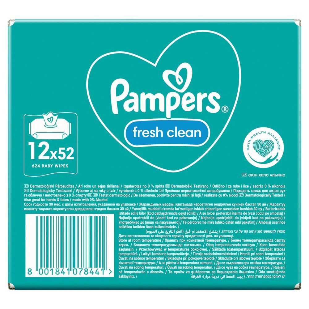 Pampers Fresh Clean Feuchttücher, 12er Pack mit 52 Tüchern, also insgesamt 624 Baby Feuchttücher. [RO] Pampers Fresh Clean, pachet cu 12x52 șervețele umede pentru bebeluși, testate dermatologic și fără alcool. [IT] Pampers Fresh Clean, confezione da 12 pacchi per un totale di 624 salviette, dermatologicamente testate e senza alcool. [HR] Pampers Fresh Clean vlažne maramice, pakiranje od 12x52 komada, dermatološki testirane i bez alkohola. [CS] Pampers Fresh Clean dětské ubrousky, balení 12x52 kusů, dermatologicky testované a vhodné pro ruce a obličej, bez alkoholu. [HU] Pampers Fresh Clean törlőkendő csomagolása, kiemelve a 12x52 darabos kiszerelést és a "fresh clean" feliratot. [SK] Pampers Fresh Clean vlhčené obrúsky, balenie 12x52 kusov, vhodné aj na ruky a tvár, vyrobené bez použitia alkoholu. [SL] Pampers Fresh Clean otroški robčki, pakiranje 12x52, dermatološko testirani in primerni za roke in obraz, brez alkohola.;