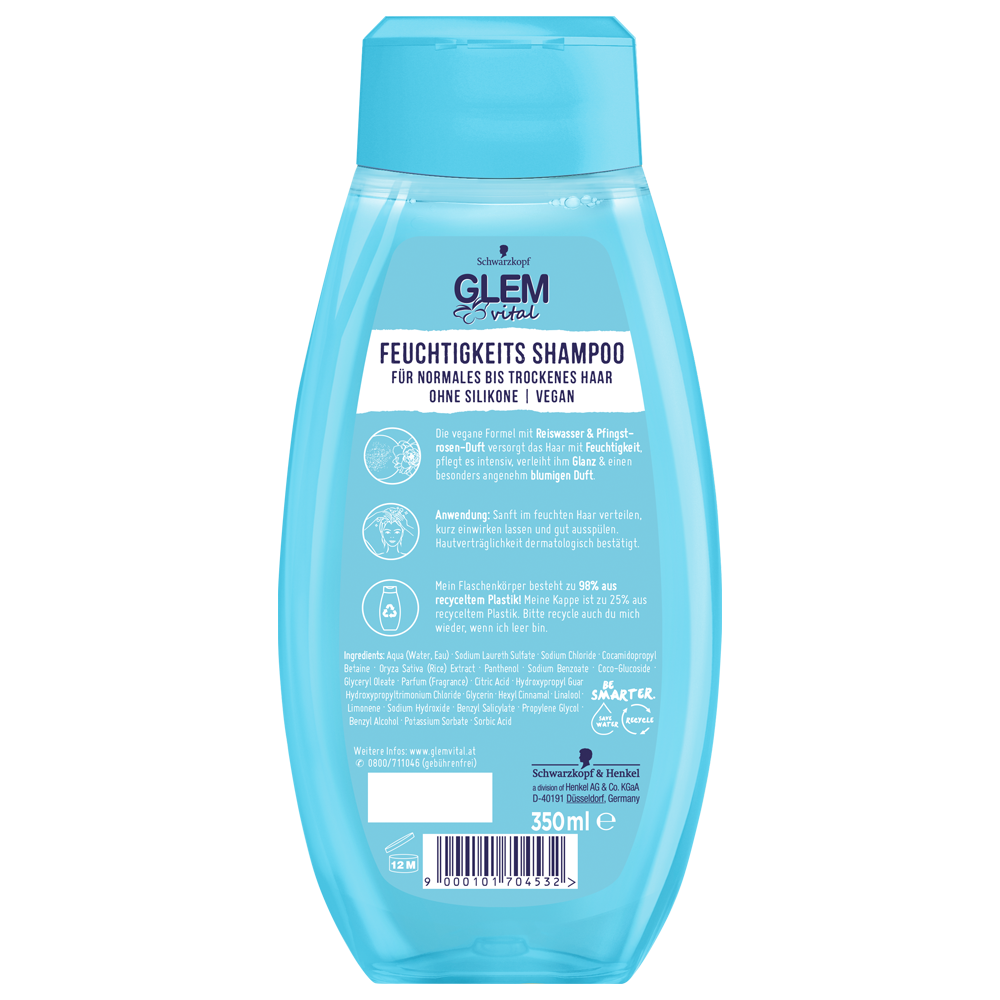 Bild: GlemVital Feuchtigkeits Shampoo Reiswasser & Pfingstrosen Duft 