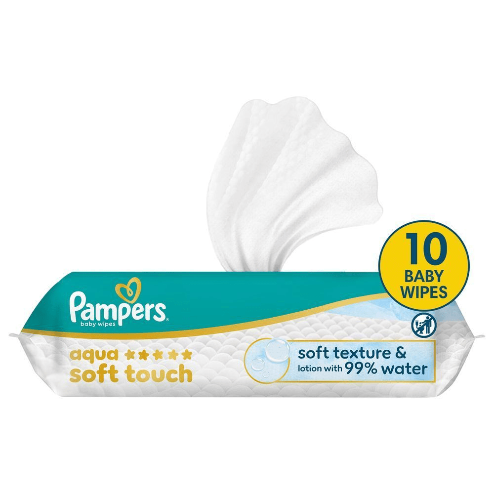 Pampers Aqua Soft Touch Feuchttücher, 10 Stück, unsere beste Reinigung und Hautschutz [HR] Pampers Aqua Soft Touch vlažne maramice, istaknuta je meka tekstura i losion s 99% vode. [CS] Pampers Aqua Soft Touch dětské ubrousky s jemnou texturou a obsahem 99% vody. [HU] Pampers Aqua Soft Touch nedves törlőkendő, 10 db-os kiszerelésben, puha textúrával és 99% vízzel. [SK] Pampers detské vlhčené obrúsky Aqua, s jemnou textúrou a zložením s 99% vody. [SL] Pampers Aqua Soft Touch vlažilni robčki za dojenčke, poudarek na nežni teksturi in losjonu z 99% vode.