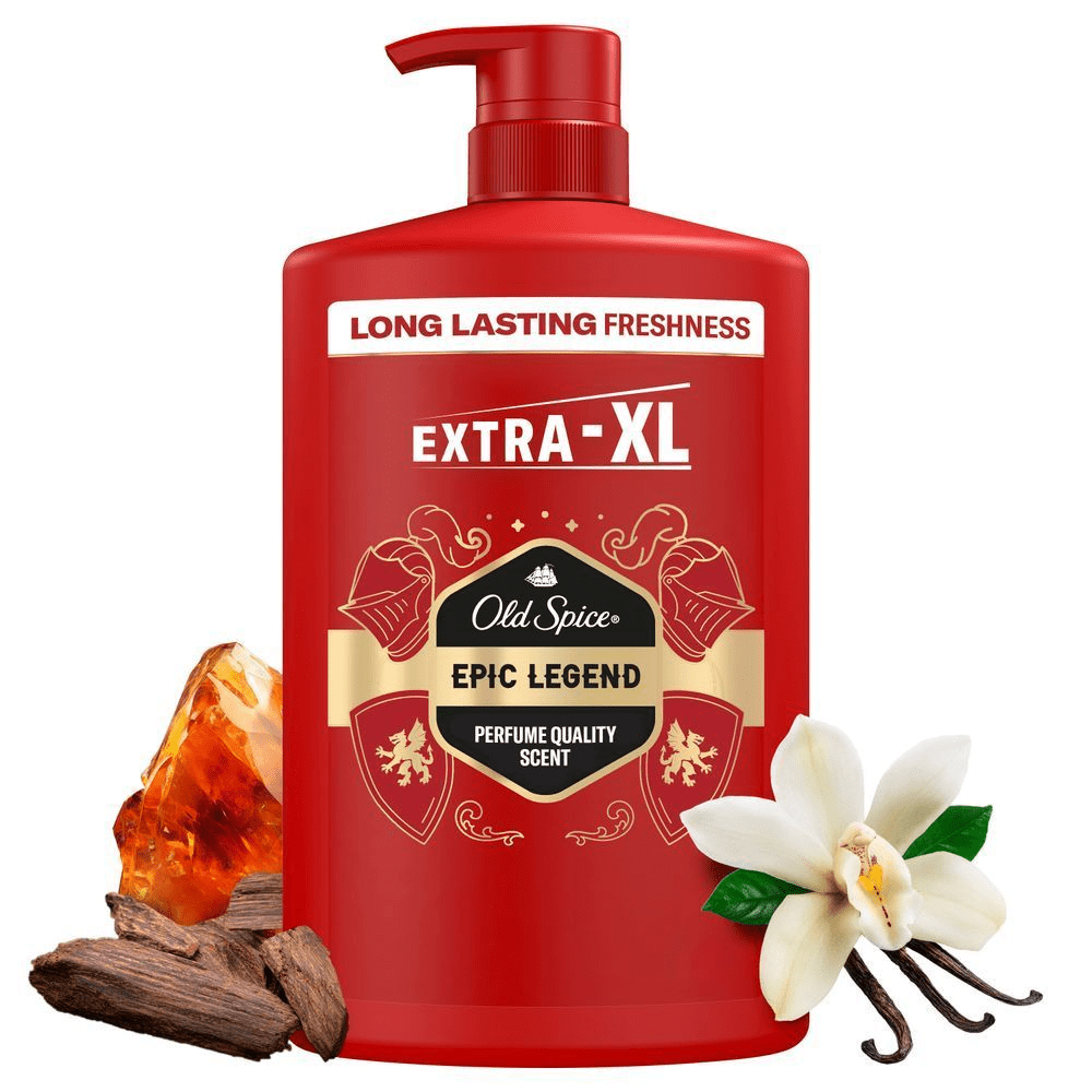 Old Spice Epic Legend Duschgel in Extra-XL-Größe, beworben mit "Long Lasting Freshness" (Lang anhaltende Frische). [FR] Old Spice Epic Legend, gel douche 3 en 1 pour corps, cheveux et visage, avec une fraîcheur longue durée.