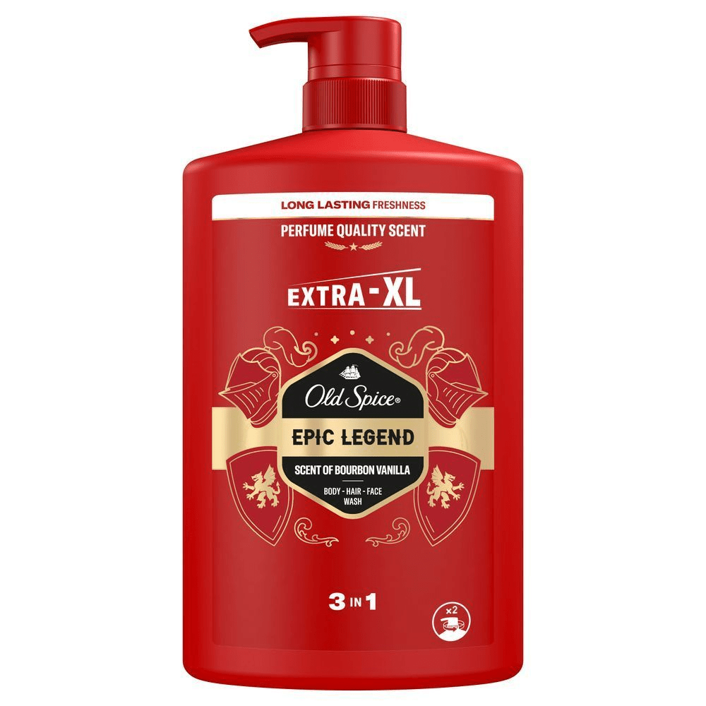 Old Spice Epic Legend 3-in-1 Duschgel, Extra-XL Größe, mit dem Hinweis "Long Lasting Freshness" und "Perfume Quality Scent". [FR] Old Spice Epic Legend, gel douche 3 en 1 pour corps, cheveux et visage, avec une fraîcheur longue durée.