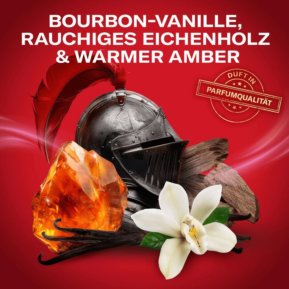Old Spice Duftkomposition mit Bourbon-Vanille, rauchigem Eichenholz, warmem Amber, einem Ritterhelm und dem Siegel "Duft in Parfumqualität".
