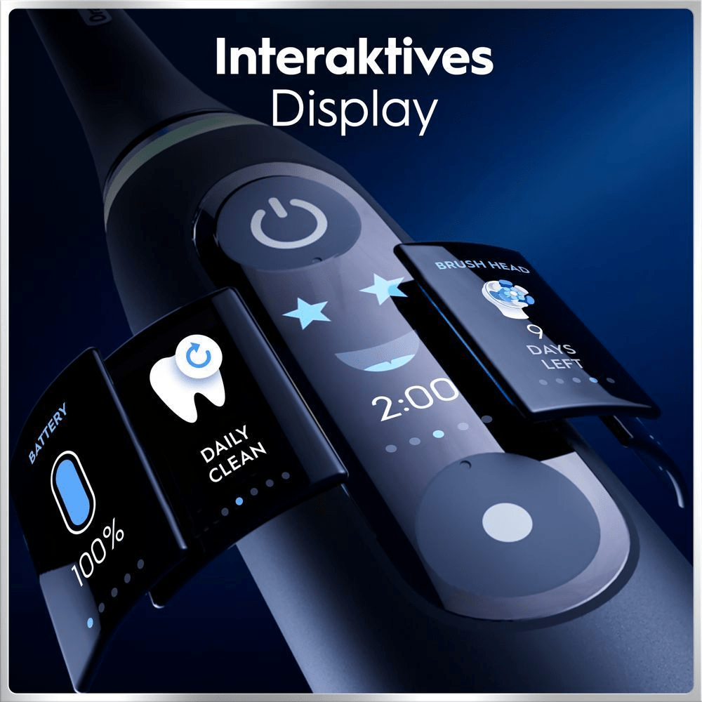 Elektrische ZahnbÃ¼rste mit interaktivem Display zeigt Putzzeit, Akku und BÃ¼rstenkopf-Status.