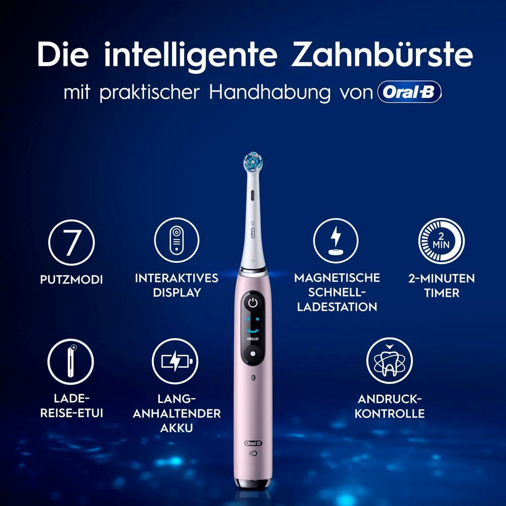 Oral-B iO Zahnbürste mit sieben Putzmodi, interaktivem Display, magnetischer Schnellladestation und Andruckkontrolle.