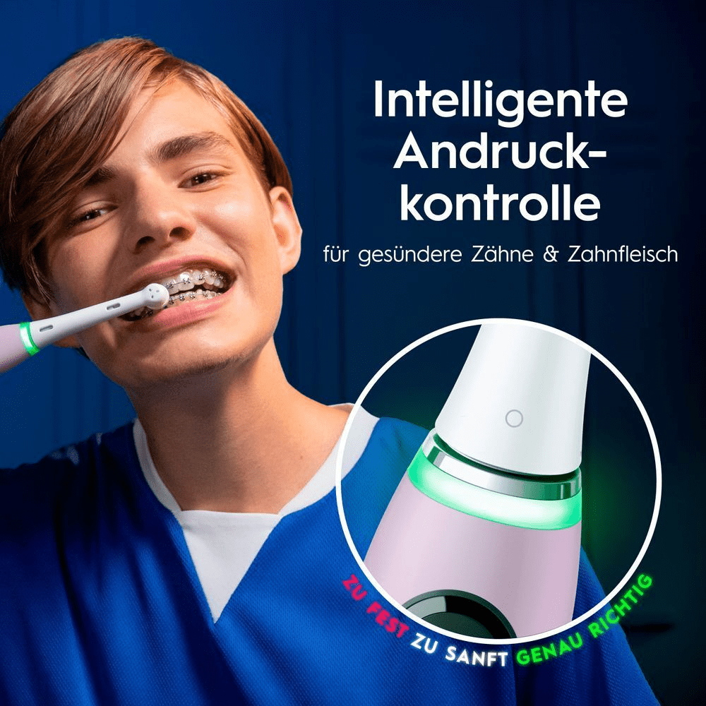 Oral-B Zahnbürste mit intelligenter Andruckkontrolle für gesünderes Zahnfleisch, angezeigt durch grünes Licht.