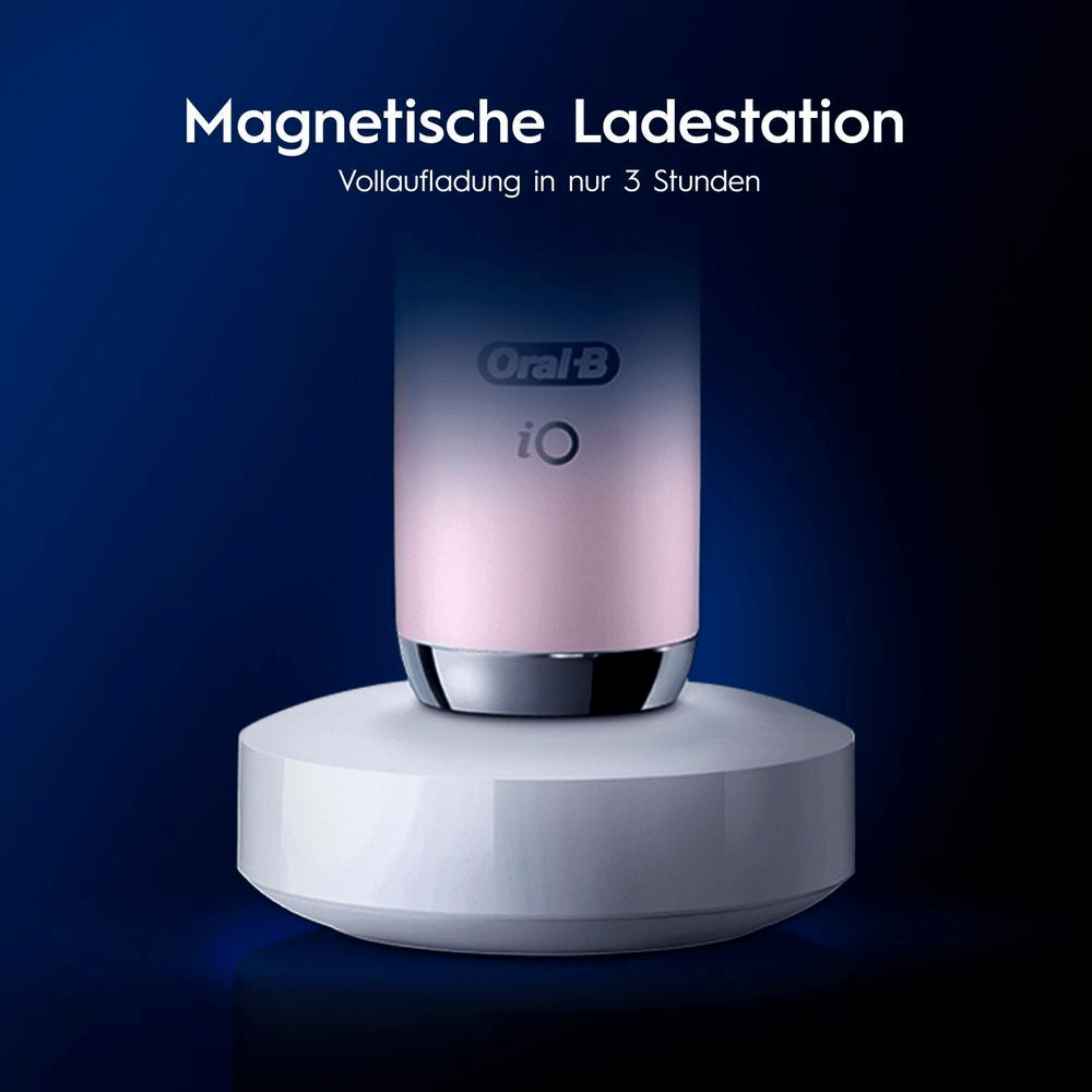 Oral-B iO Zahnbürste auf magnetischer Ladestation, die in nur 3 Stunden vollständig aufgeladen ist.
