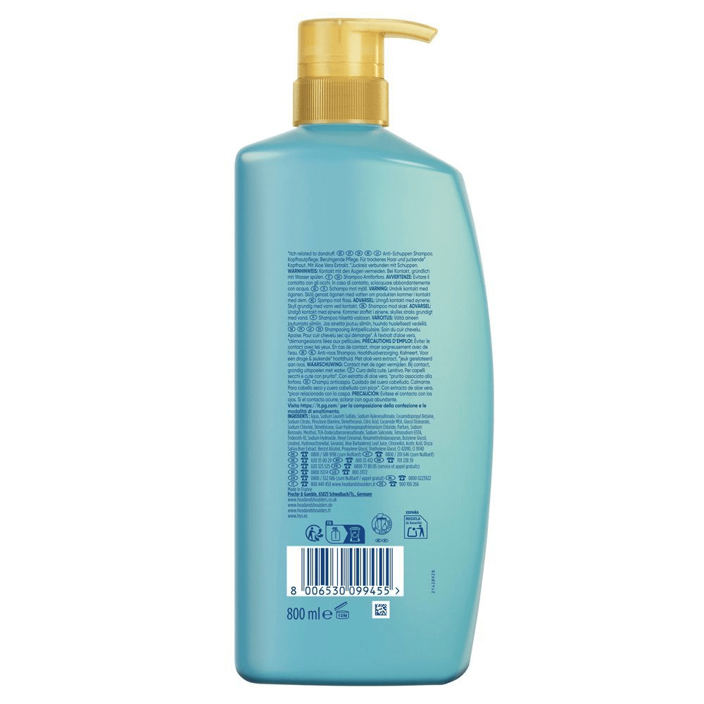 Head & Shoulders Anti-Schuppen Shampoo, hervorgehobene Inhaltsstoffe mit Aloe Vera Extrakt zur Beruhigung trockener, juckender Kopfhaut. [DA] Head & Shoulders Anti-skÃ¦l shampoo, 800 ml, med Aloe Vera-ekstrakt til klÃ¸ende hovedbund. [SV] Head & Shoulders schampo, 800 ml flaska, med aloe veraextrakt fÃ¶r att lindra klÃ¥da relaterad till mjÃ¤ll. [FI] Head & Shoulders -shampoo, jonka etiketissÃ¤ korostetaan aloe vera -uutetta ja kutinaa lievittÃ¤vÃ¤Ã¤ vaikutusta kuivalle pÃ¤Ã¤nahalle. [ES] Head & Shoulders ChampÃº Anticaspa de 800 ml con extracto de aloe vera para cuero cabelludo con picor.