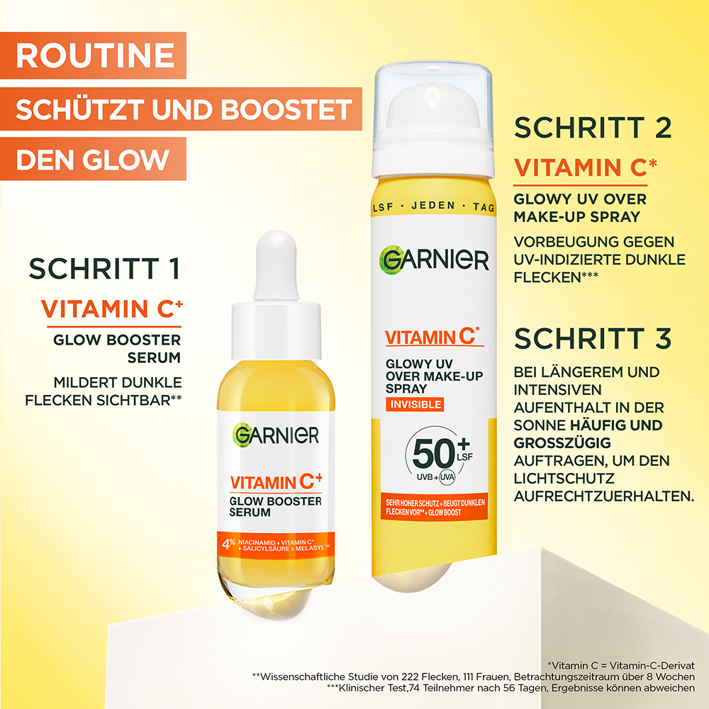 Bild: GARNIER Vitamin C* Glowy UV Over Make-up Spray LSF 50+ 