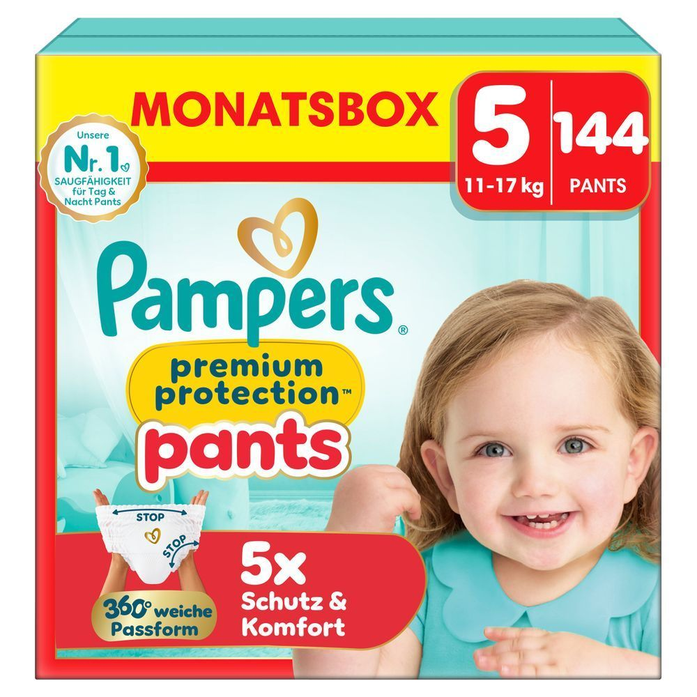 Pampers Premium Protection Pants Monatsbox, Größe 5, 144 Stück, mit 5x Schutz und Komfort