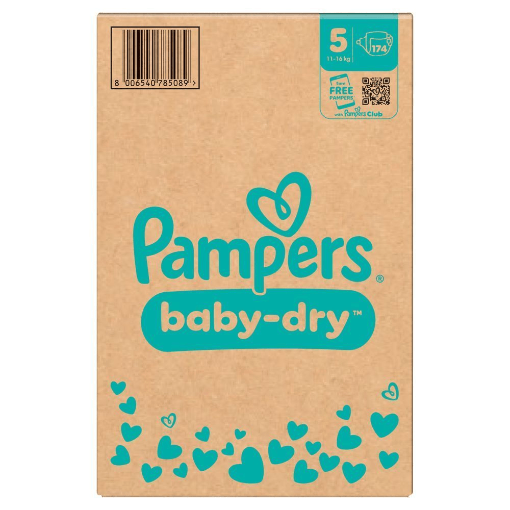 Pampers Baby-Dry Windeln, Größe 5 (11-16kg), Karton mit 174 Stück, bewirbt das Sammeln von kostenlosen Pampers mit dem Pampers Club. [IT] Pampers Baby-Dry taglia 5 (11-16 kg), confezione con 174 pannolini, con l'offerta per guadagnare prodotti Pampers gratis con il Pampers Club.;