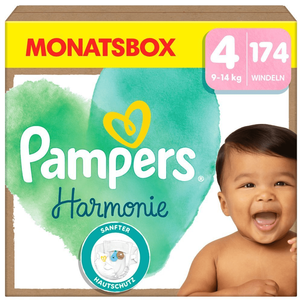 Pampers Harmonie Monatsbox, Größe 4, mit 174 Windeln, 9-14kg, hervorgehoben wird der Produktvorteil: sanfter Hautschutz.