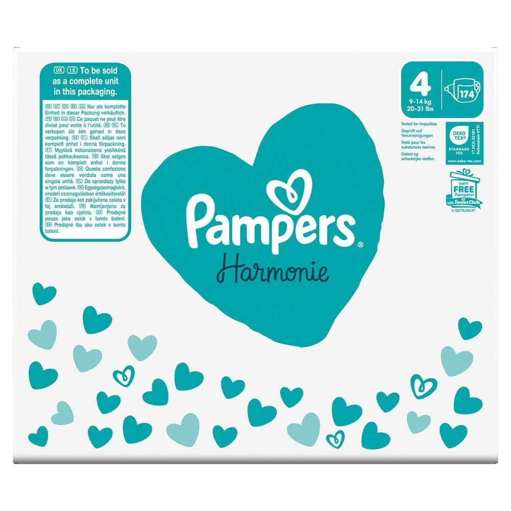 Pampers Harmonie Windeln, Größe 4, mit dem Hinweis "Geprüft auf Verunreinigungen" auf der Verpackung. [EN] Pampers Harmonie size 4 packaging, highlighting the "tested for impurities" claim and 174 nappies count. [IT] Pampers Harmonie taglia 4, confezione da 174 pannolini, testati per impurità e venduti come unità completa. [HR] Pampers Harmonie pelene, veličina 4, pakiranje sa 174 komada, testirano na nečistoće. [CS] Pampers Harmonie plenky, velikost 4, balení 174 kusů, testované na škodlivé látky. [HU] Pampers Harmonie pelenkák csomagolása, kiemelve a 4-es méretet (9-14 kg) és a 174 darabos kiszerelést. [SK] Pampers Harmonie plienky, veľkosť 4, balenie so 174 kusmi, testované na nečistoty. [SL] Pampers Harmonie plenice, velikost 4, pakiranje s 174 kosi, testirano na škodljive snovi.;