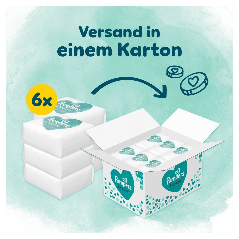 Das Bild zeigt, dass 6 Pampers Harmonie Größe 4 in einer Monatsbox inkludiert sind und in einem Karton versendet werden.