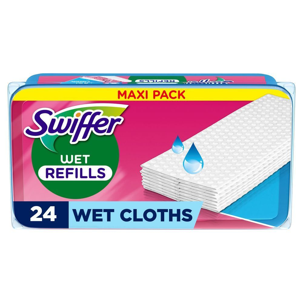 Swiffer feuchte Bodentücher MAXI PACK, 24 Stück, im Behälter. LIMITED EDITION PINK. [DA] Swiffer Wet Refills maxi-pakke med 24 vådservietter. [SV] Swiffer Wet Refills Maxi Pack förpackning, som visar 24 våtservetter och symboliska vattendroppar.