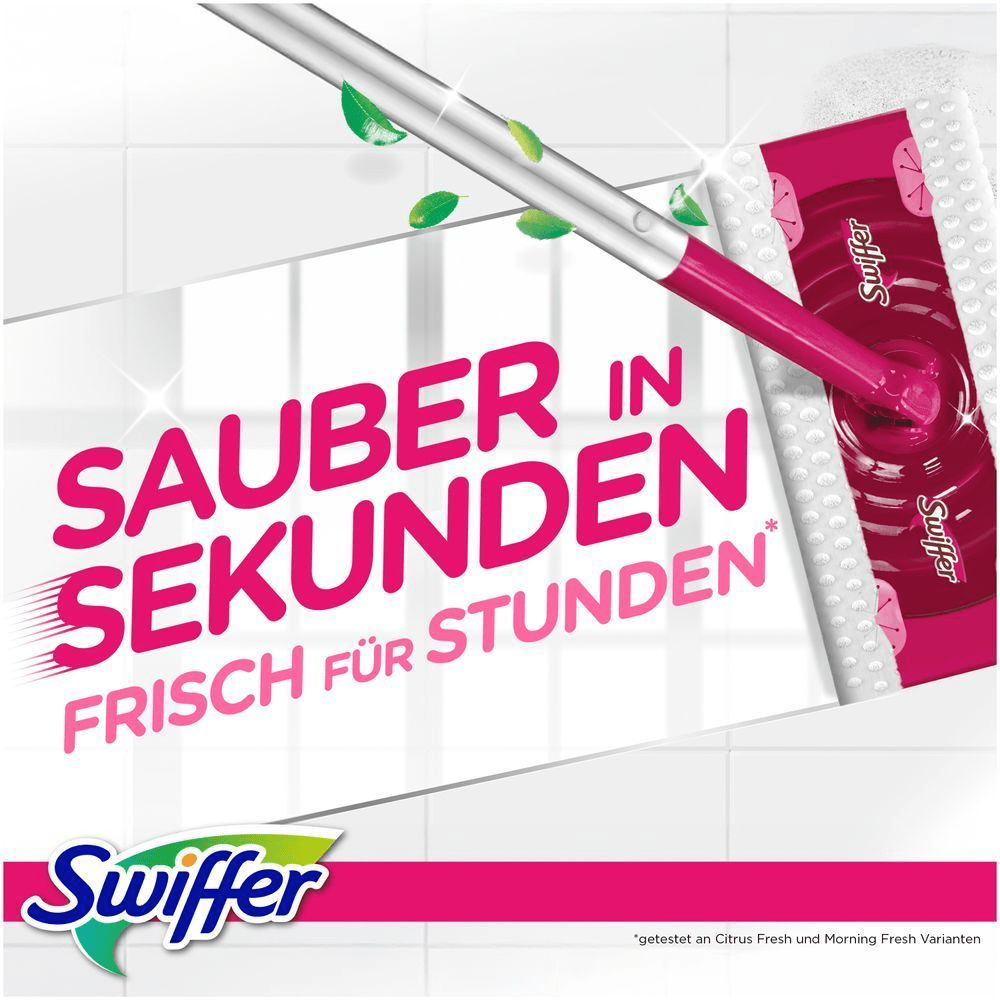 Swiffer Bodenwischer mit trockenen Bodentüchern, LIMITED EDITION PINK, mit dem Hinweis SAUBER IN SEKUNDEN, FRISCH FÜR STUNDEN.