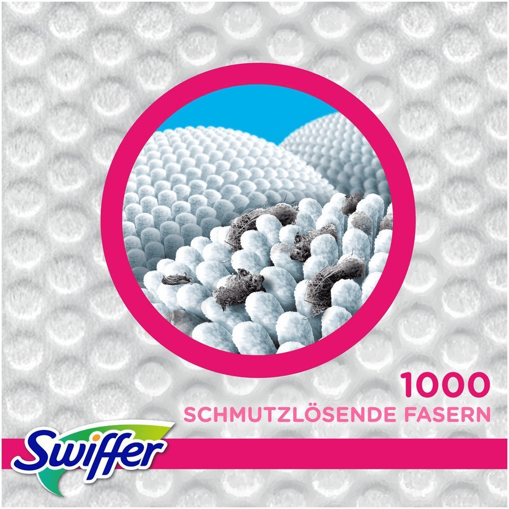 Swiffer Bodenwischer mit trockenen Bodentüchern, LIMITED EDITION PINK, mit dem Hinweis 1000 SCHMUTZLÖSENDE FASERN.