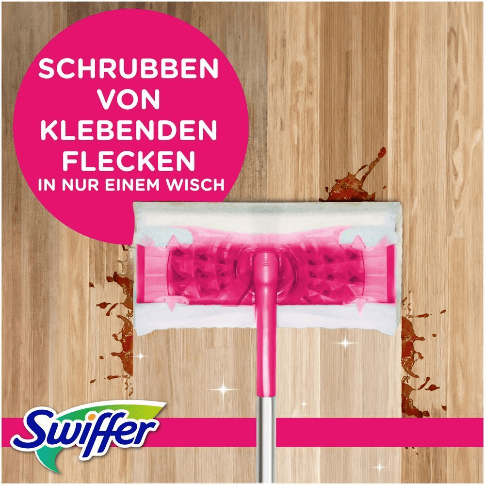 Swiffer Bodenwischer mit trockenen Bodentüchern, LIMITED EDITION PINK, mit dem Hinweis SCHRUBBEN VON KLEBENDEN FLECKEN IN NUR EINEM WISCH.
