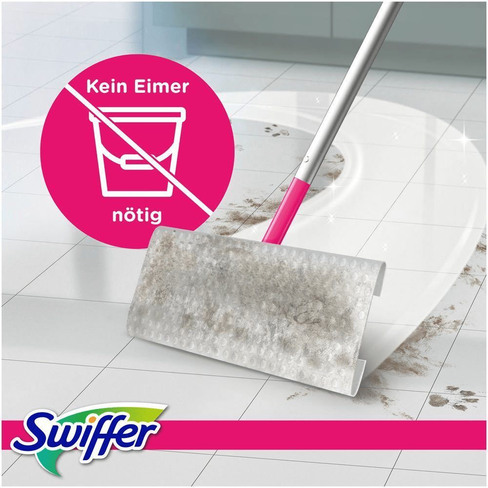 Swiffer Bodenwischer mit trockenen Bodentüchern, LIMITED EDITION PINK, reinigt schmutzigen Boden und hebt die einfache Anwendung ohne Eimer hervor.