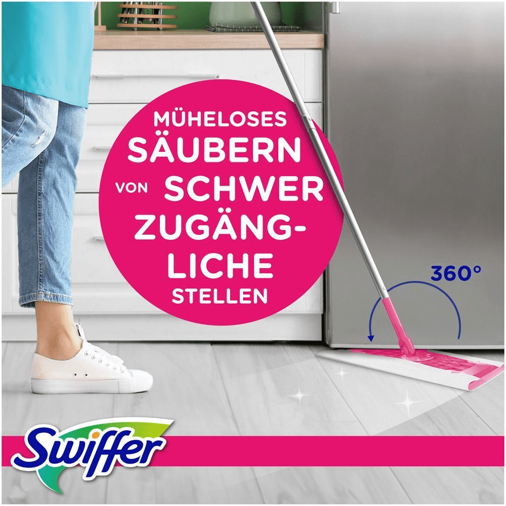 Swiffer Bodenwischer mit trockenen Bodentüchern, LIMITED EDITION PINK, reinigt mühelos schwer zugängliche Stellen dank 360° schwenkbarem Kopf für glänzende Böden.