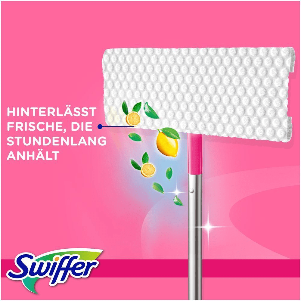 Swiffer Bodenwischer mit trockenen Bodentüchern, LIMITED EDITION PINK, mit dem Hinweis HINTERLÄSST FRISCHE, DIE STUNDENLANG ANHÄLT.