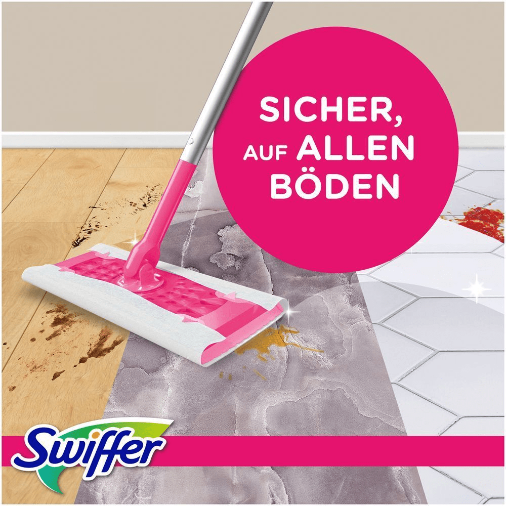 Swiffer Bodenwischer mit trockenen Bodentüchern, LIMITED EDITION PINK, mit dem Hinweis SICHER, AUF ALLEN BÖDEN.