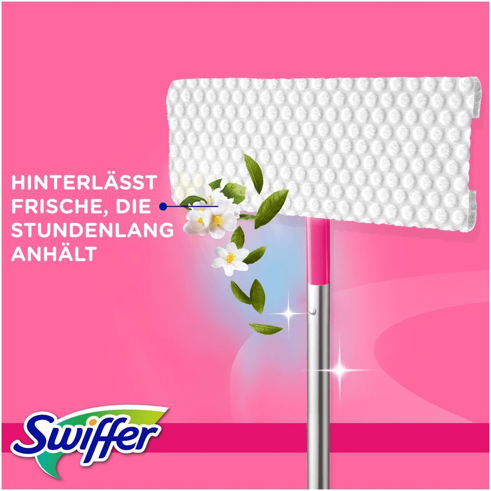 Swiffer Bodenwischer mit trockenen Bodentüchern, LIMITED EDITION PINK, mit dem Hinweis HINTERLÄSST FRISCHE, DIE STUNDENLANG ANHÄLT.