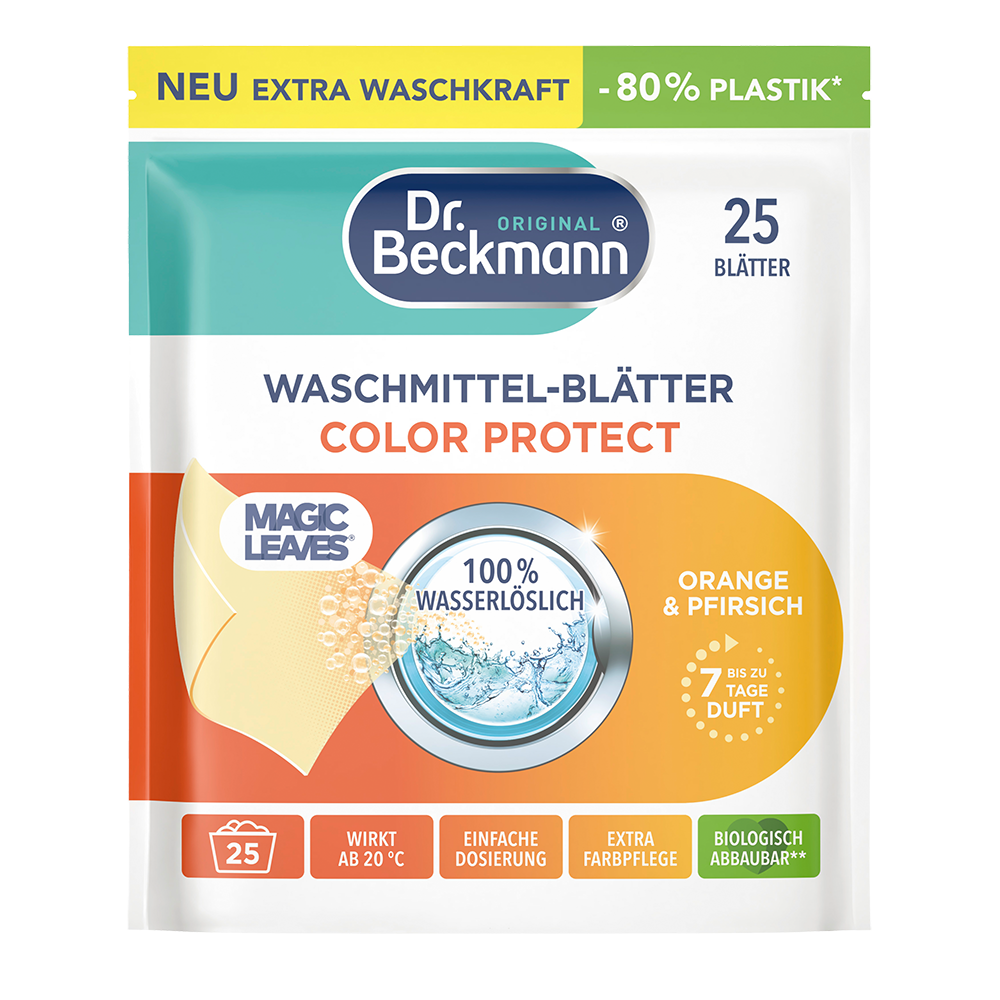 Bild: Dr. Beckmann Magic Leaves Waschmittel Blätter Color Protect Orange und Pfirsich 