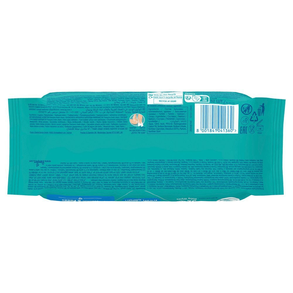 Pampers Baby Wipes Fresh Clean, 52 Stück, dermatologisch getestet und hergestellt mit 0% Alkohol, auch für Hände und Gesicht geeignet. [RO] Pachet Pampers Fresh Clean, 52 șervețele umede pentru bebeluși, testate dermatologic și potrivite pentru mâini și față, realizate cu 0% alcool. [IT] Pampers Baby Wipes Fresh Clean, confezione da 52, dermatologicamente testate e adatte anche per mani e viso. [HR] Pampers baby wipes, pakiranje s 52 komada, ističući dermatološki testirane maramice, odlične za ruke i lice, s 0% alkohola. [CS] Pampers Fresh Clean dětské ubrousky, balení s 52 kusy, dermatologicky testované a vhodné i pro ruce a obličej, vyrobené bez alkoholu. [HU] Pampers Fresh Clean babatörlőkendő csomagolása, kiemelve, hogy dermatológiailag tesztelt és kézre, arcra is használható, 0% alkohollal készült. [SK] Pampers Fresh Clean detské vlhčené obrúsky, balenie 52 kusov, dermatologicky testované a vyrobené s 0% alkoholu. [SL] Pampers Fresh Clean otroški vlažilni robčki, 52 kos, dermatološko testirani, odlični tudi za roke in obraz, narejeni brez alkohola.;