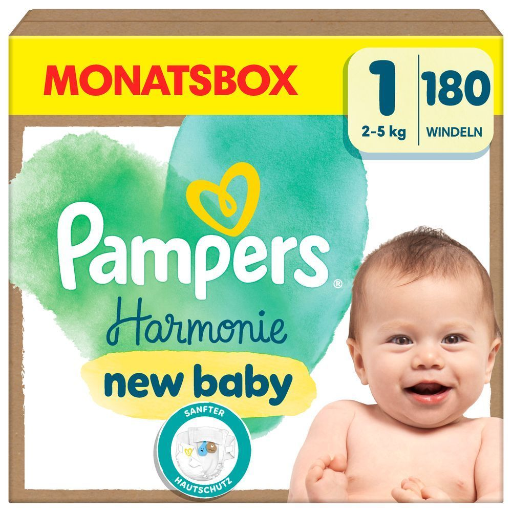 Pampers Harmonie Monatsbox, Größe 1, mit 180 Windeln, 2-5kg, hervorgehoben wird der Produktvorteil: sanfter Hautschutz.