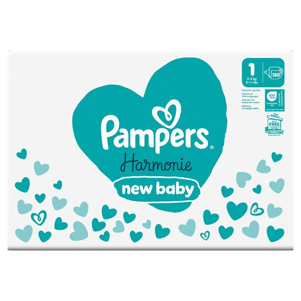 Pampers Harmonie New Baby Windeln, Größe 1, mit dem Hinweis "180 Windeln". [EN] Pampers Harmonie New Baby nappies box, highlighting the pack containing 180 nappies. [IT] Pampers Harmonie New Baby, confezione da 180 pannolini taglia 1, testati per impurità e sostanze nocive. [HR] Pampers Harmonie New Baby pelene, pakiranje od 180 komada, veličina 1, testirane na nečistoće. [CS] Pampers Harmonie New Baby pleny, balení 180 kusů, testováno na přítomnost škodlivých látek. [HU] Pampers Harmonie New Baby pelenka csomagolása, kiemelve a "Tested for impurities" (Szennyeződésekre tesztelve) feliratot. [SK] Pampers Harmonie New Baby plienky, balenie so 180 kusmi, testované na nečistoty a škodlivé látky. [SL] Pampers Harmonie New Baby plenice, pakiranje s 180 kosi, testirane na nečistoče in s certifikatom Oeko-Tex Standard 100.;