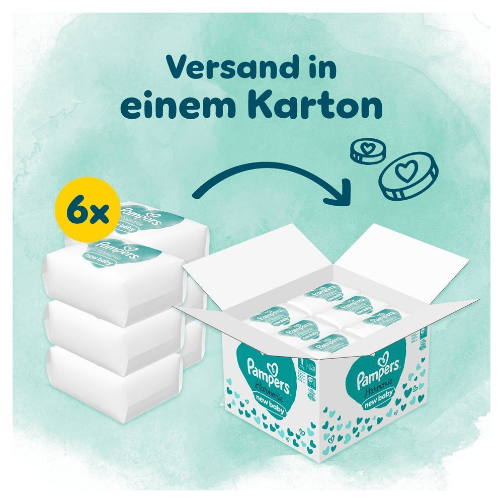Das Bild zeigt, dass 6 Pampers Harmonie Größe 1 in einer Monatsbox inkludiert sind und in einem Karton versendet werden.
