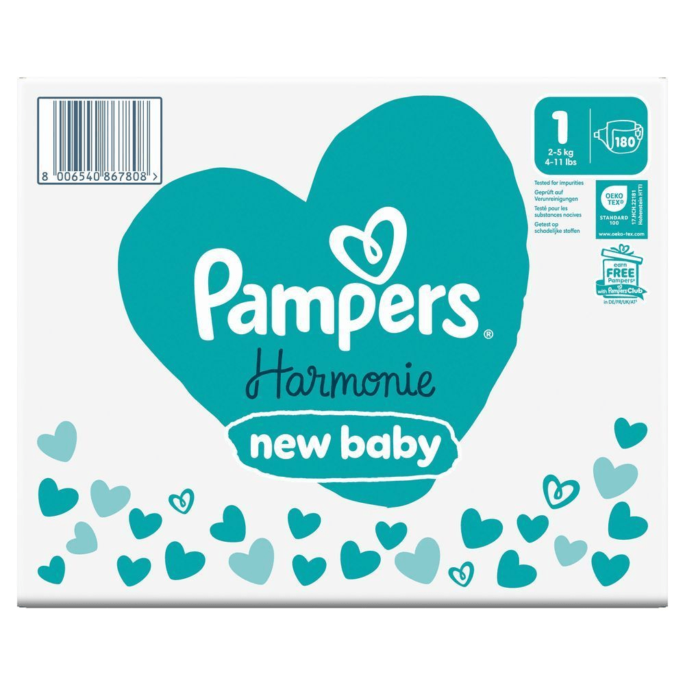 Pampers Harmonie New Baby Windeln, Größe 1, Verpackung mit dem Hinweis "Geprüft auf Verunreinigungen". [EN] Pampers Harmonie New Baby nappies packaging, highlighting "tested for impurities" and the Oeko-Tex Standard 100 certification. [IT] Pampers Harmonie New Baby, taglia 1, confezione che indica "Testato per impurità" e l'iniziativa "Guadagna Pampers gratis con Pampers Club". [HR] Pampers Harmonie New Baby pelene, veličina 1, testirane na nečistoće, pakiranje s oznakom Oeko-Tex Standard 100. [CS] Pampers Harmonie New Baby plenky, balení s označením "Testováno na nečistoty" a s možností získat Pampers zdarma s Pampers Club. [HU] Pampers Harmonie New Baby pelenkacsomagolás, a "Tested for impurities" (tisztaságra tesztelve) felirattal kiemelve. [SK] Pampers Harmonie New Baby plienky, veľkosť 1, s označením testované na nečistoty a možnosťou získať Pampers zadarmo s Pampers Club. [SL] Pampers Harmonie New Baby plenice, velikost 1, testirane na nečistoče in primerne za dojenčke od 2 do 5 kg.;