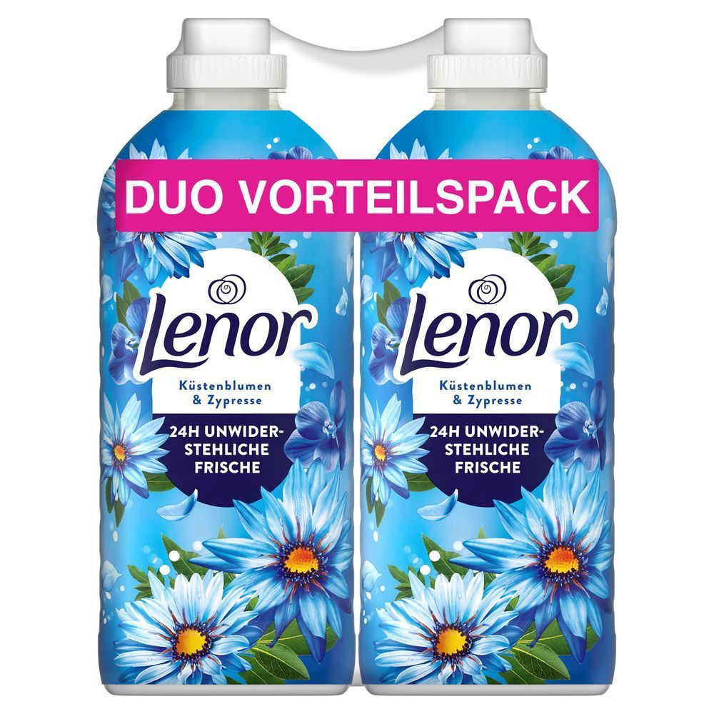 Lenor Küstenblumen & Zypresse Weichspüler im Duo Vorteilspack, bewirbt 24H unwiderstehliche Frische.