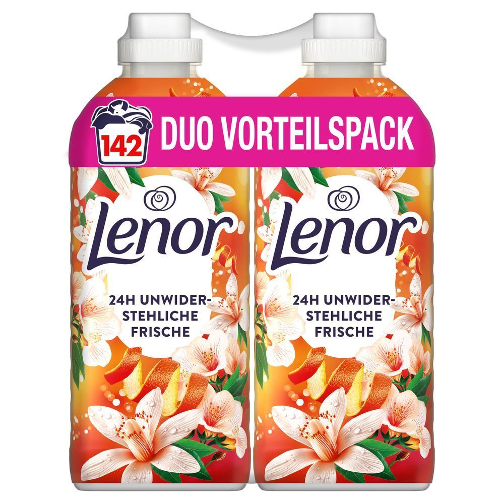 Lenor Weichspüler Orangenblüte & Verbene Duo Vorteilspack mit 142 Wäschen und dem Versprechen 24H unwiderstehliche Frische.
