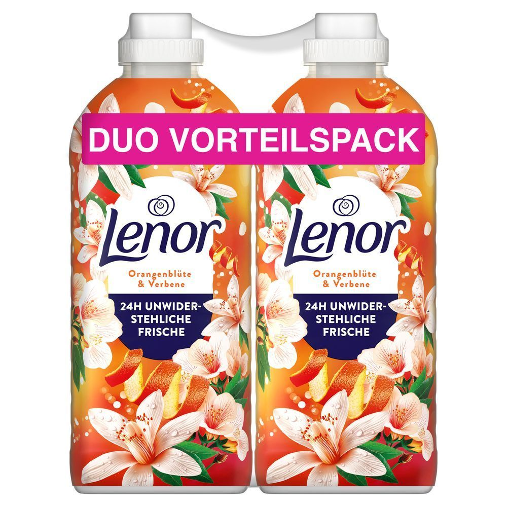 Lenor Weichspüler Orangenblüte & Verbene im Duo Vorteilspack, beworben mit 24H unwiderstehlicher Frische.