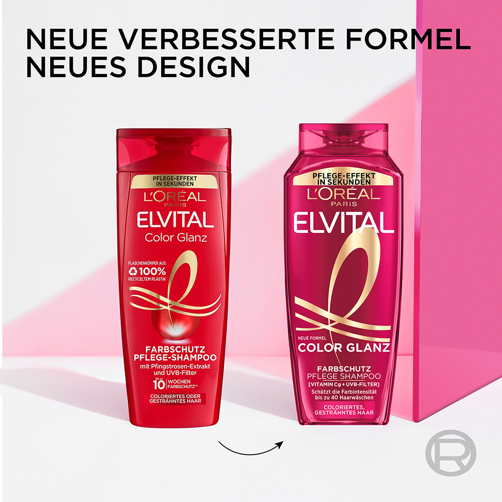 Bild: L'ORÉAL PARIS ELVITAL Color Glanz Pflege Farbschutz Shampoo & Spülung