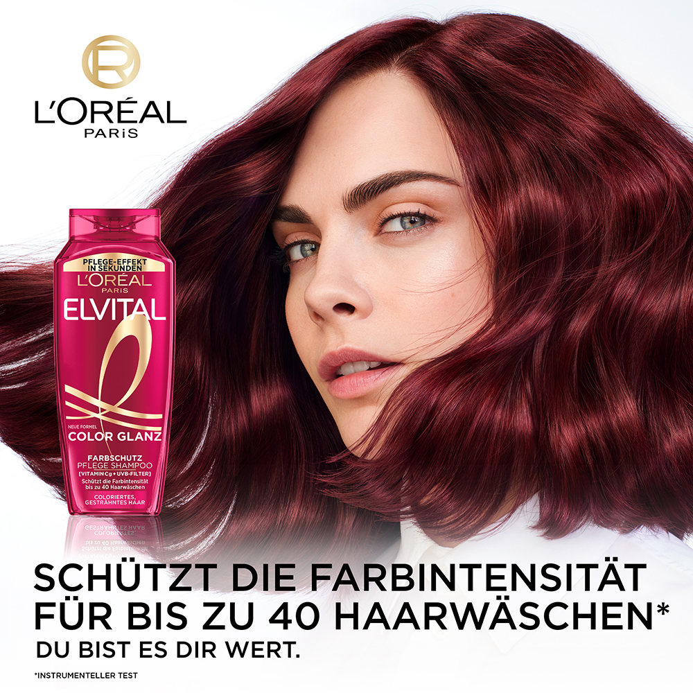 Bild: L'ORÉAL PARIS ELVITAL Color Glanz Pflege Farbschutz Shampoo & Spülung