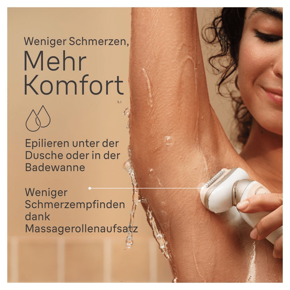 Braun Epilierer in Gebrauch unter der Dusche, für weniger Schmerzen und mehr Komfort dank Massagerollenaufsatz.