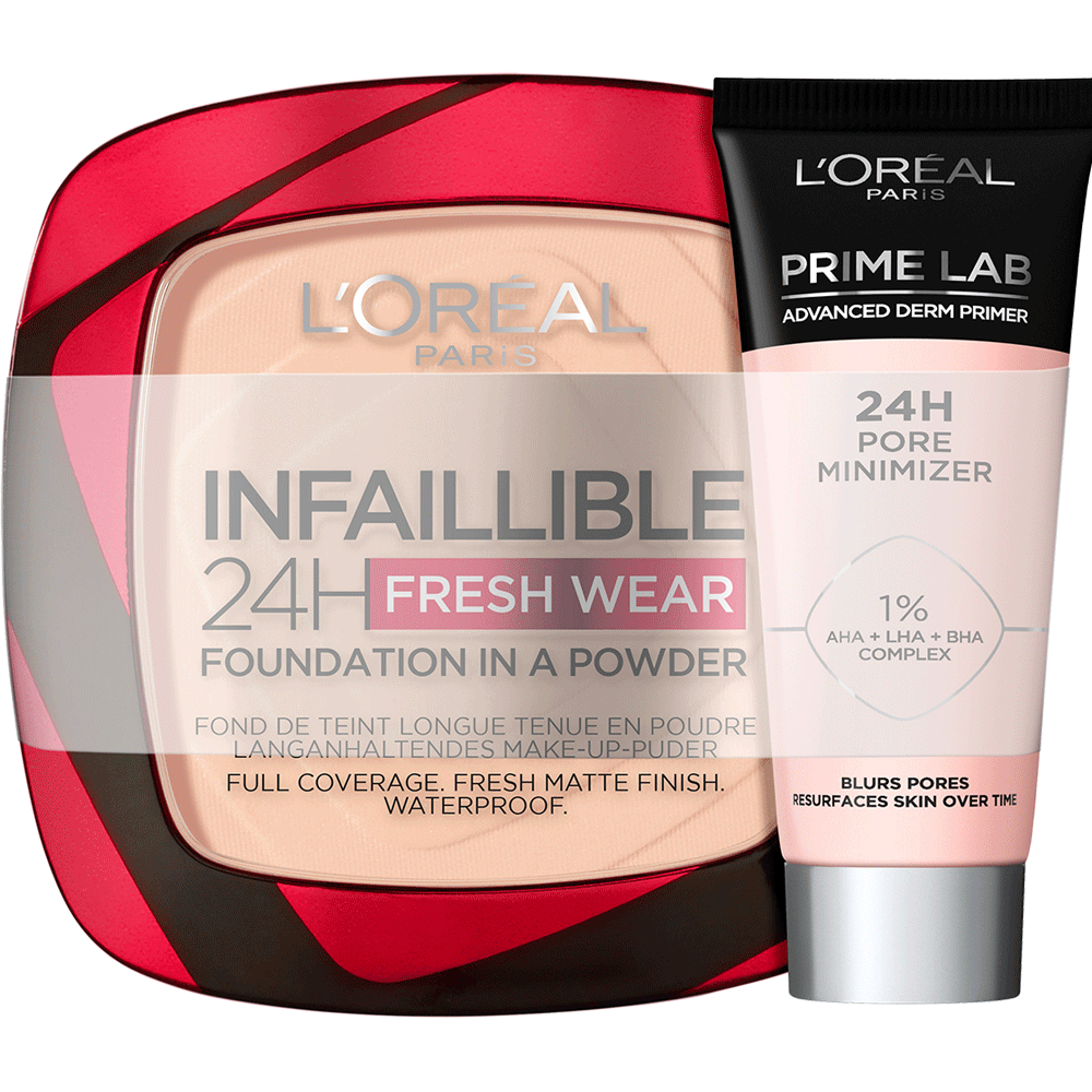 Bild: L'ORÉAL PARIS Teint-Set Infaillible 24H Fresh Wear Make-Up-Puder & Mini Prime Lab 24H Pore Minimizer Primer rose sand