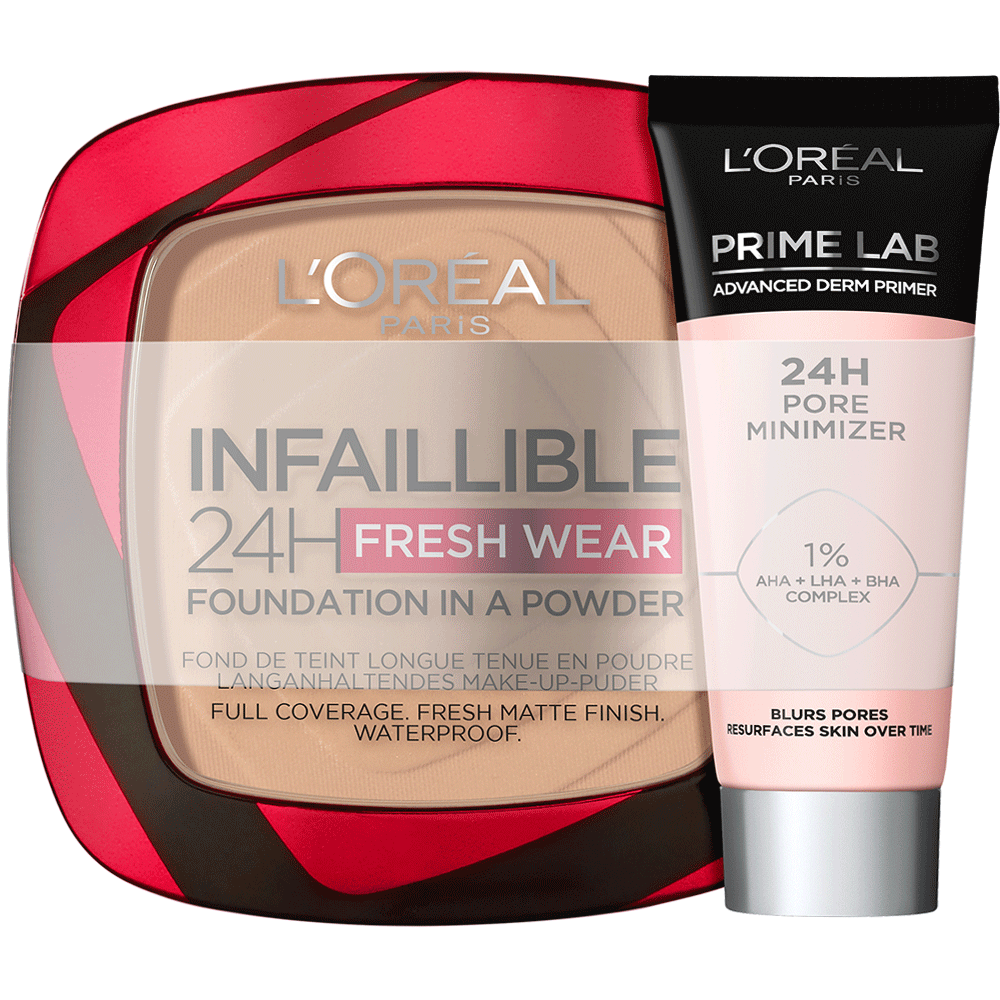Bild: L'ORÉAL PARIS Teint-Set Infaillible 24H Fresh Wear Make-Up-Puder & Mini Prime Lab 24H Pore Minimizer Primer true beige