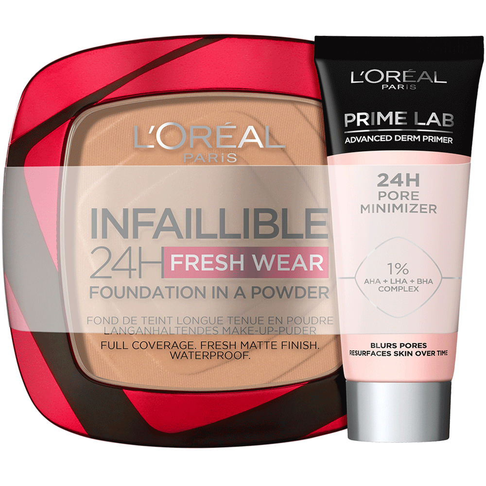 Bild: L'ORÉAL PARIS Teint-Set Infaillible 24H Fresh Wear Make-Up-Puder & Mini Prime Lab 24H Pore Minimizer Primer sand