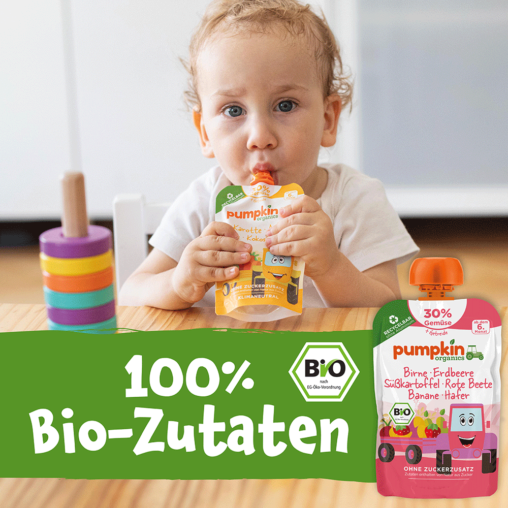 Bild: pumpkin organics Quetschie Birne, Erdbeere, Süßkartoffel, Rote Beete, Banane und Hafer