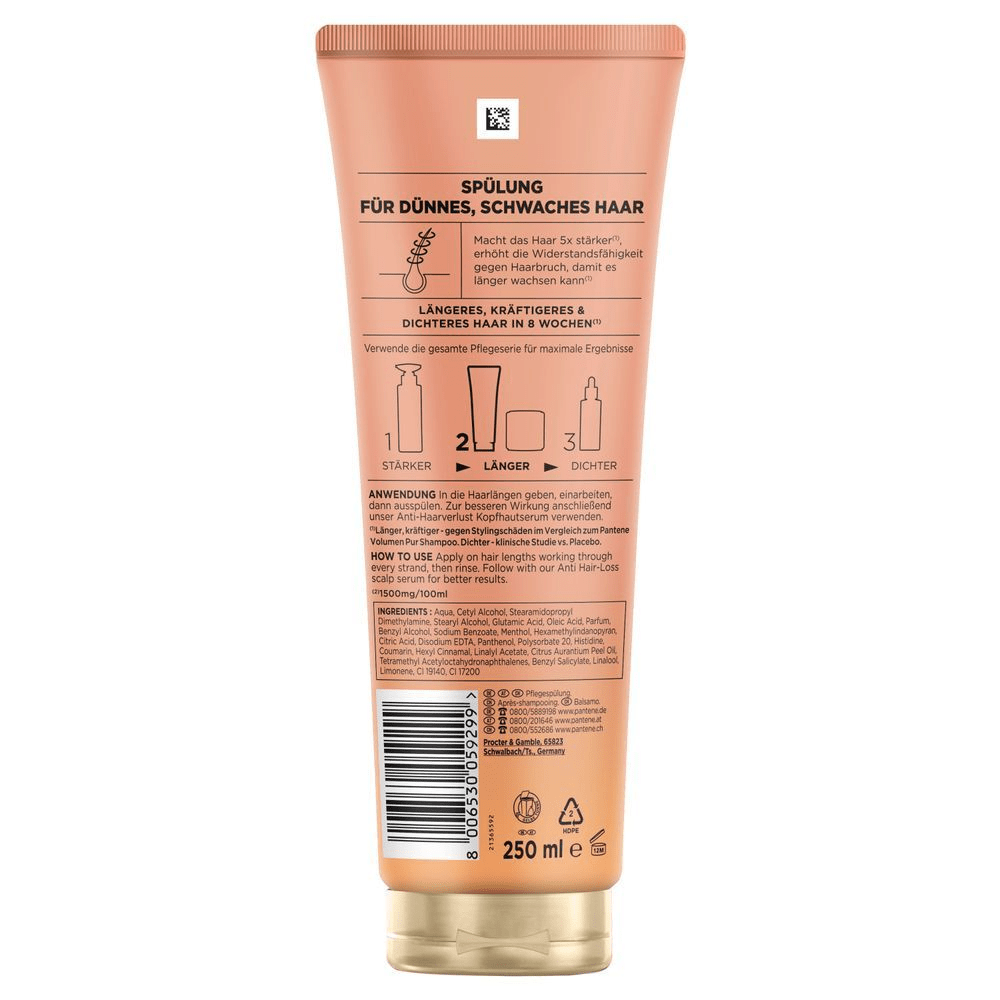Pantene Pro-V Spülung für dünnes, schwaches Haar, macht das Haar 5x stärker und widerstandsfähiger gegen Haarbruch.